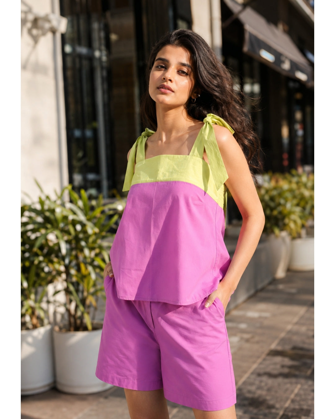 Lime & Lilac Color-block Co-ord Set