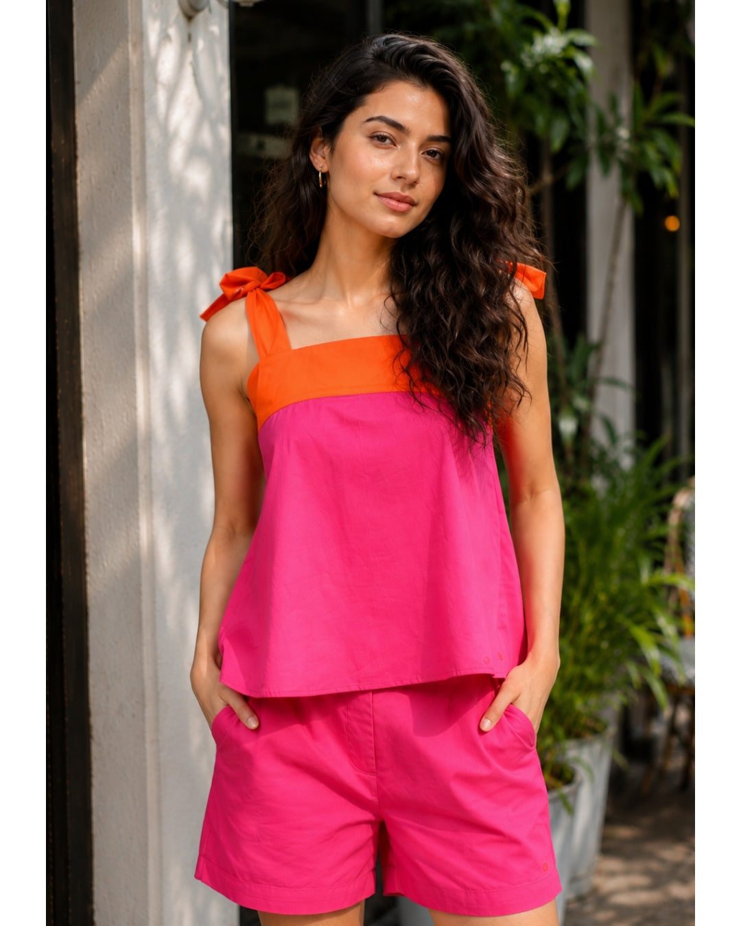Tangerine & Fuchsia Color-block Co-ord Set