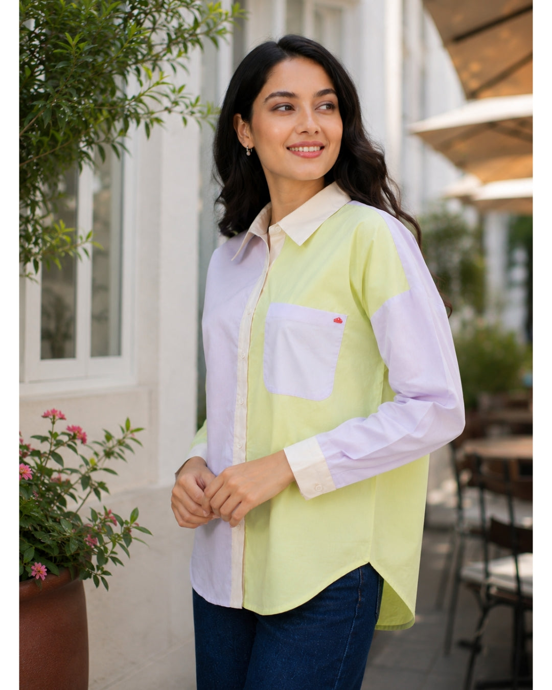 Pastel Charm Color Block Shirt - 100% Cotton Poplin