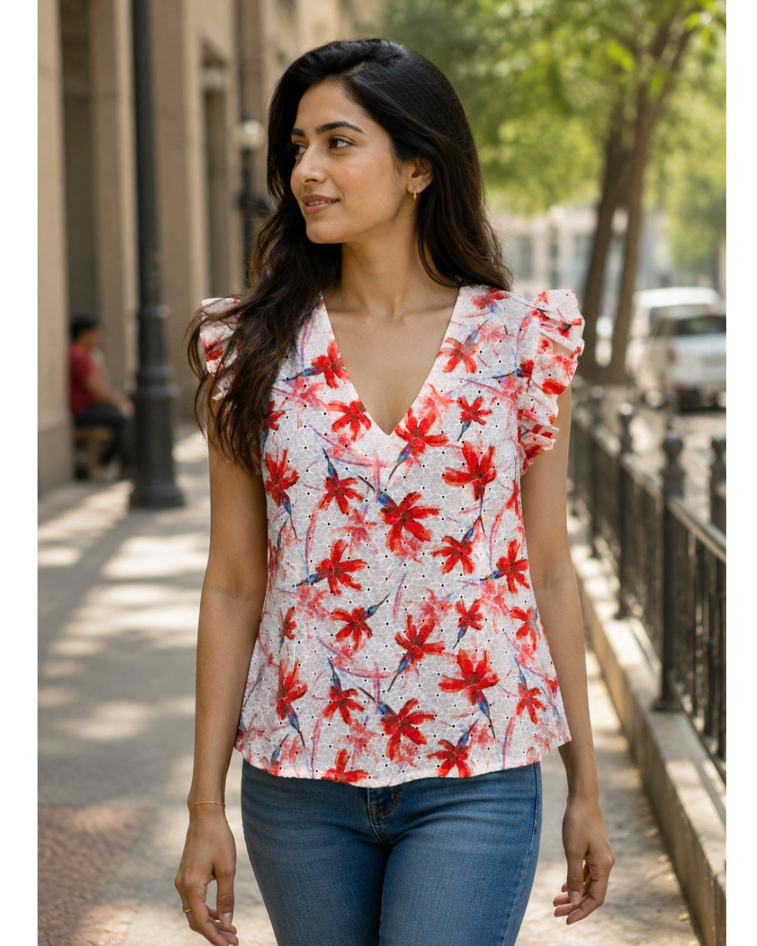Cotton Schiffli Printed Florette Ruffle Top