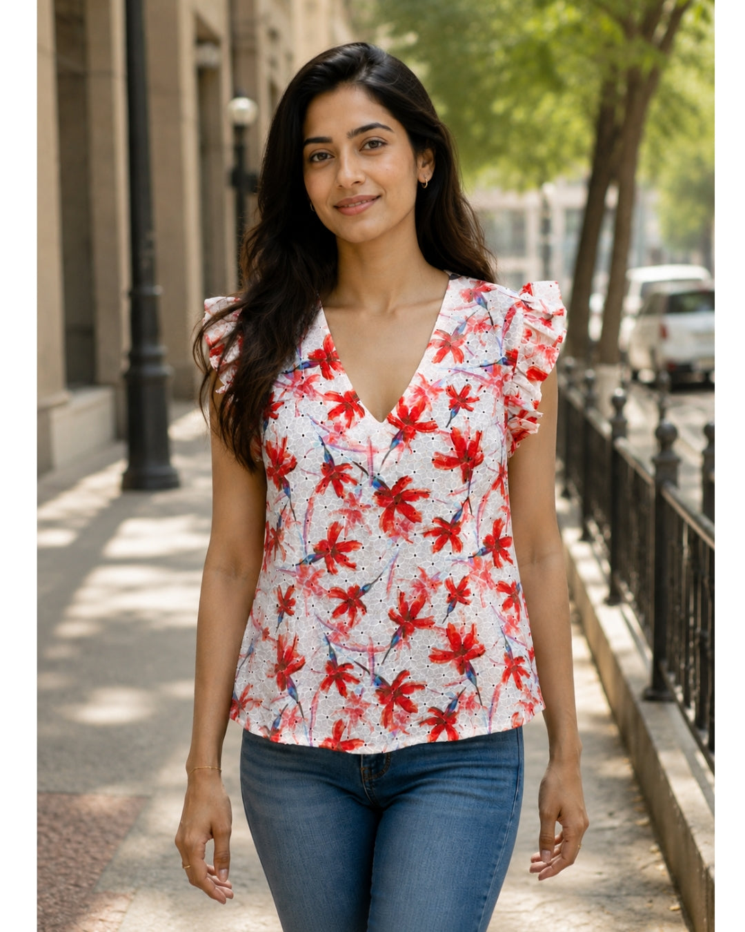Cotton Schiffli Printed Florette Ruffle Top