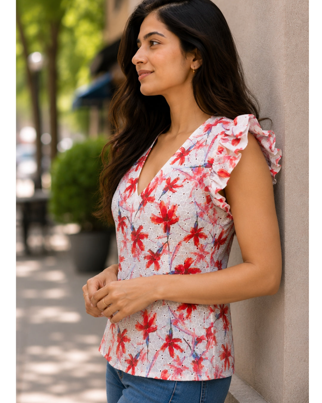 Cotton Schiffli Printed Florette Ruffle Top