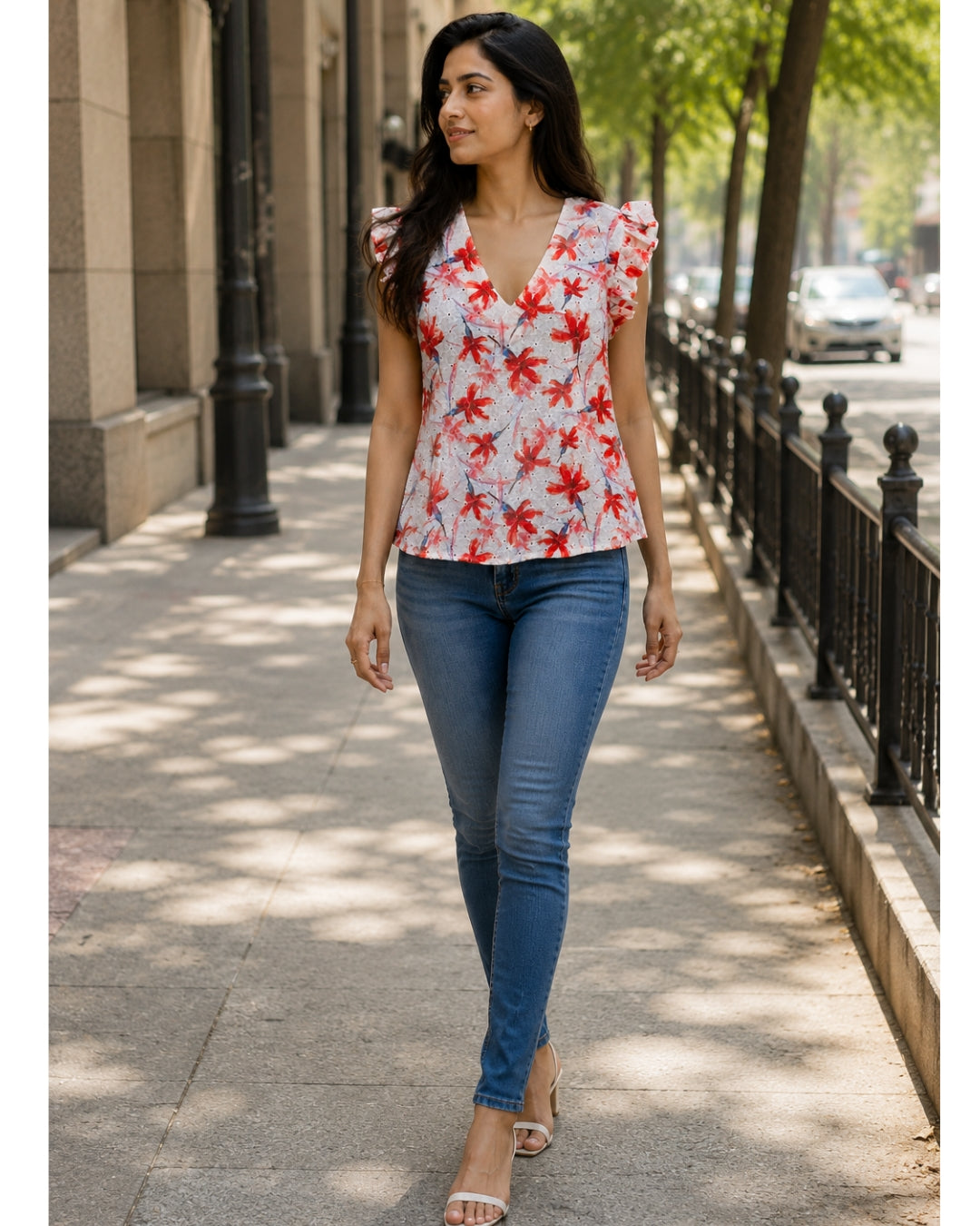 Cotton Schiffli Printed Florette Ruffle Top