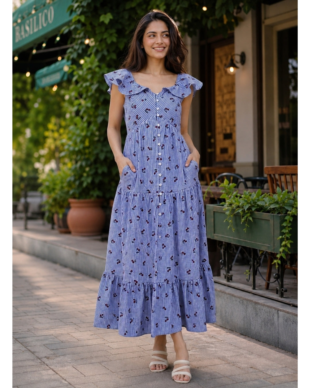Georgina Dress - Gingham Sky Cherry Printed Cotton Maxi