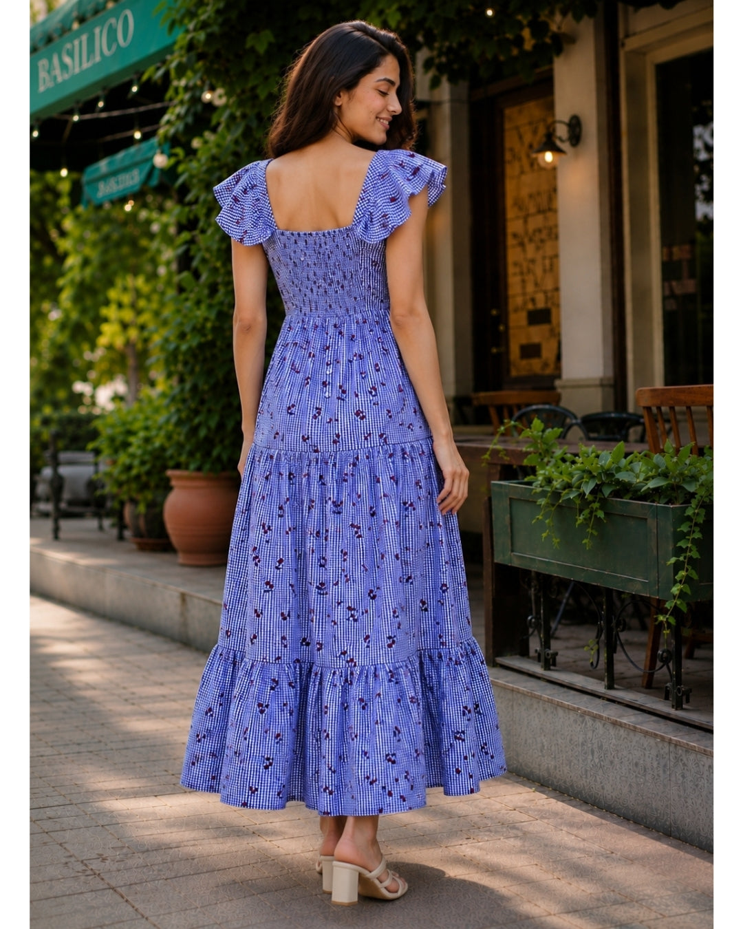 Georgina Dress - Gingham Sky Cherry Printed Cotton Maxi