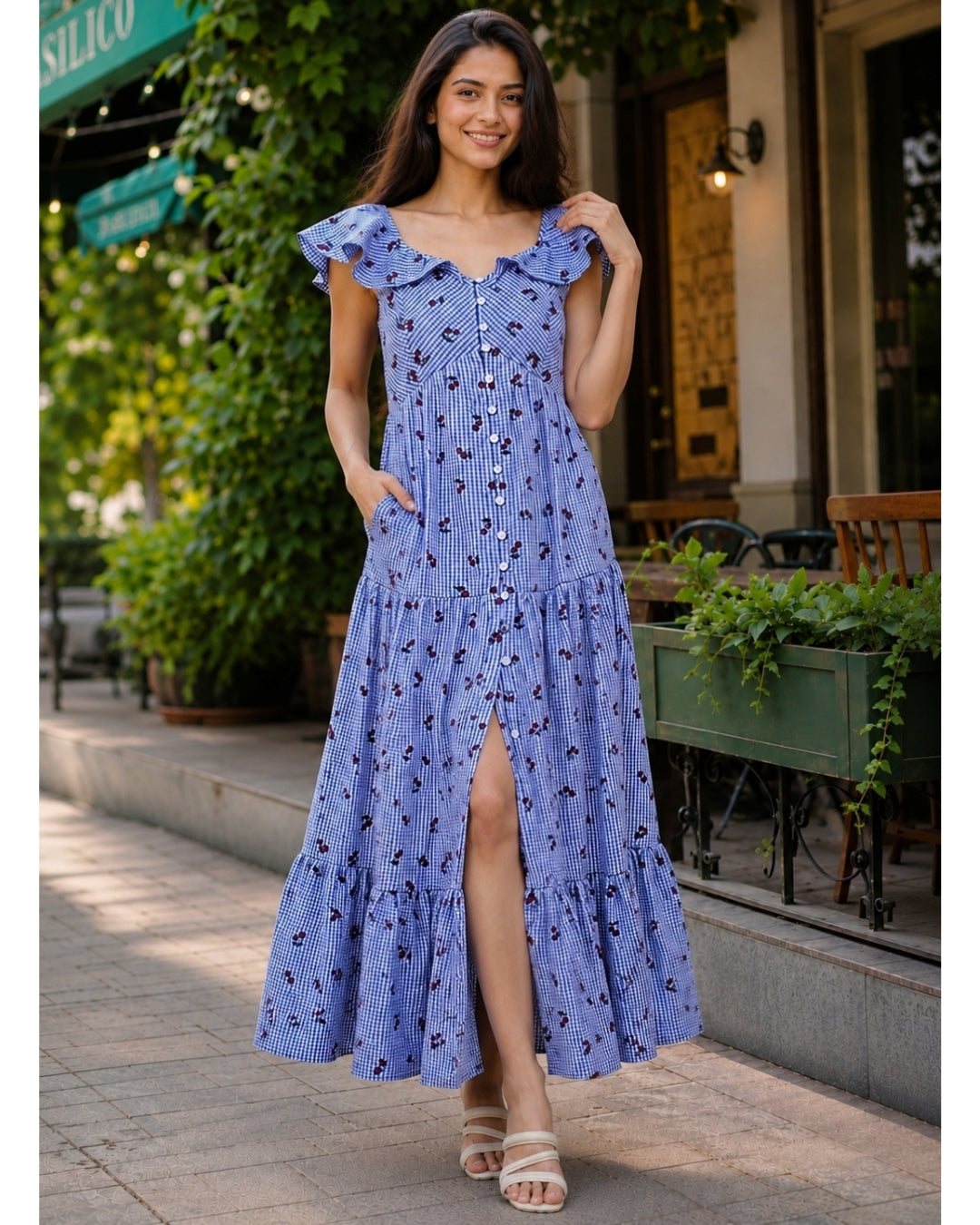 Georgina Dress - Gingham Sky Cherry Printed Cotton Maxi
