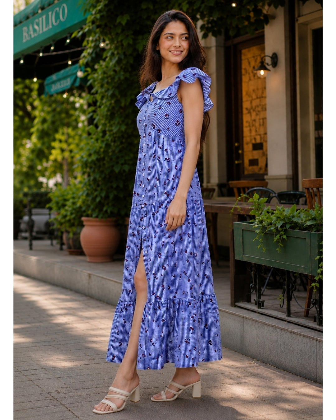 Georgina Dress - Gingham Sky Cherry Printed Cotton Maxi