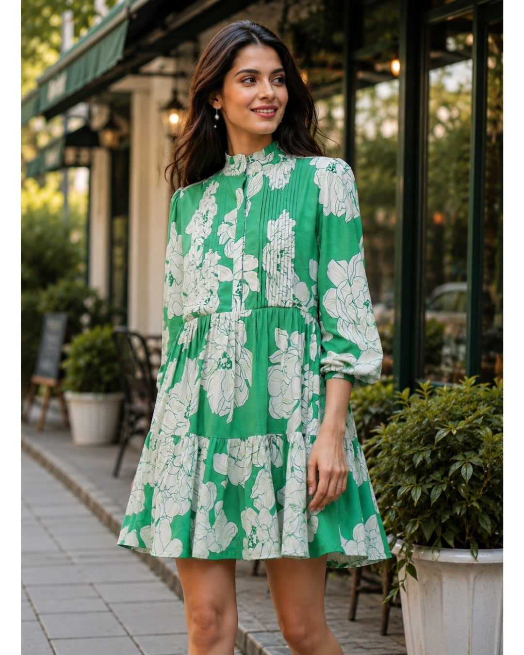Emerald Daisy Viscose Floral Dress - Full Sleeve Above Knee