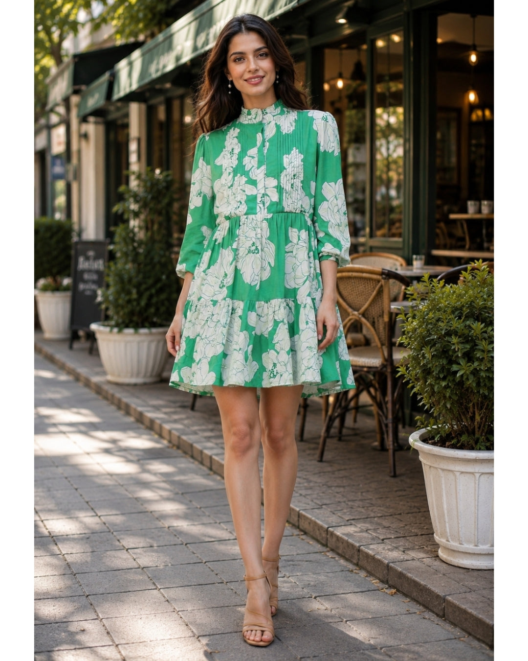 Emerald Daisy Viscose Floral Dress - Full Sleeve Above Knee