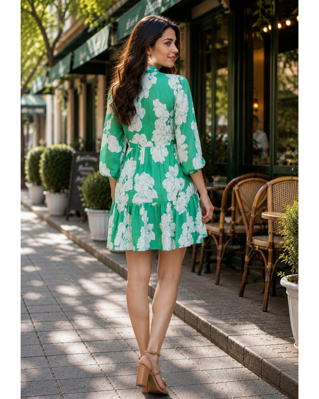 Emerald Daisy Viscose Floral Dress - Full Sleeve Above Knee