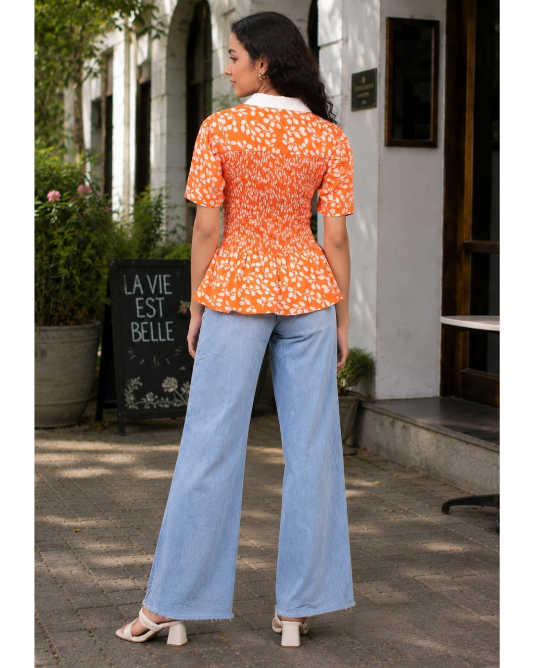 Floral Printed Summer Short Puff Sleeves Viscose Top - Marigold Orange