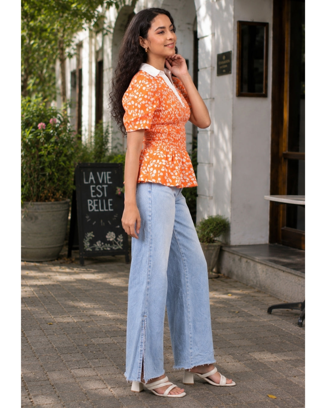 Floral Printed Summer Short Puff Sleeves Viscose Top - Marigold Orange
