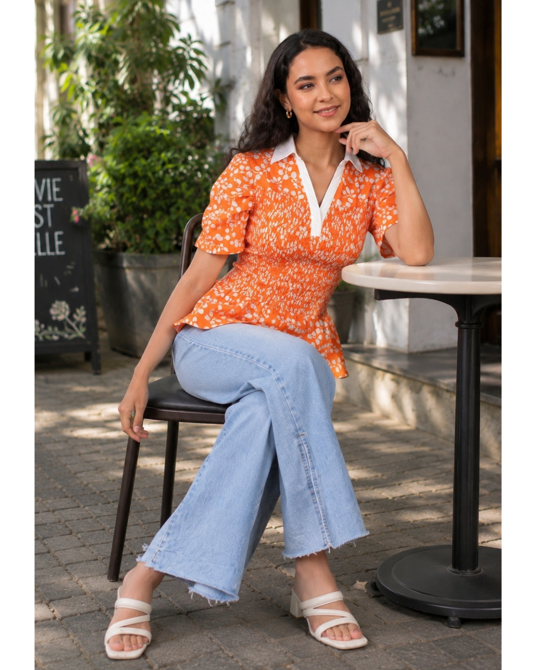 Floral Printed Summer Short Puff Sleeves Viscose Top - Marigold Orange