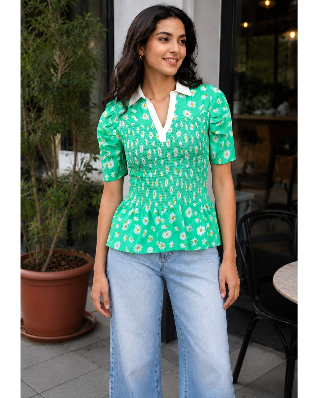 Daisy Days Smocked Peplum Top — Summer Green Viscose
