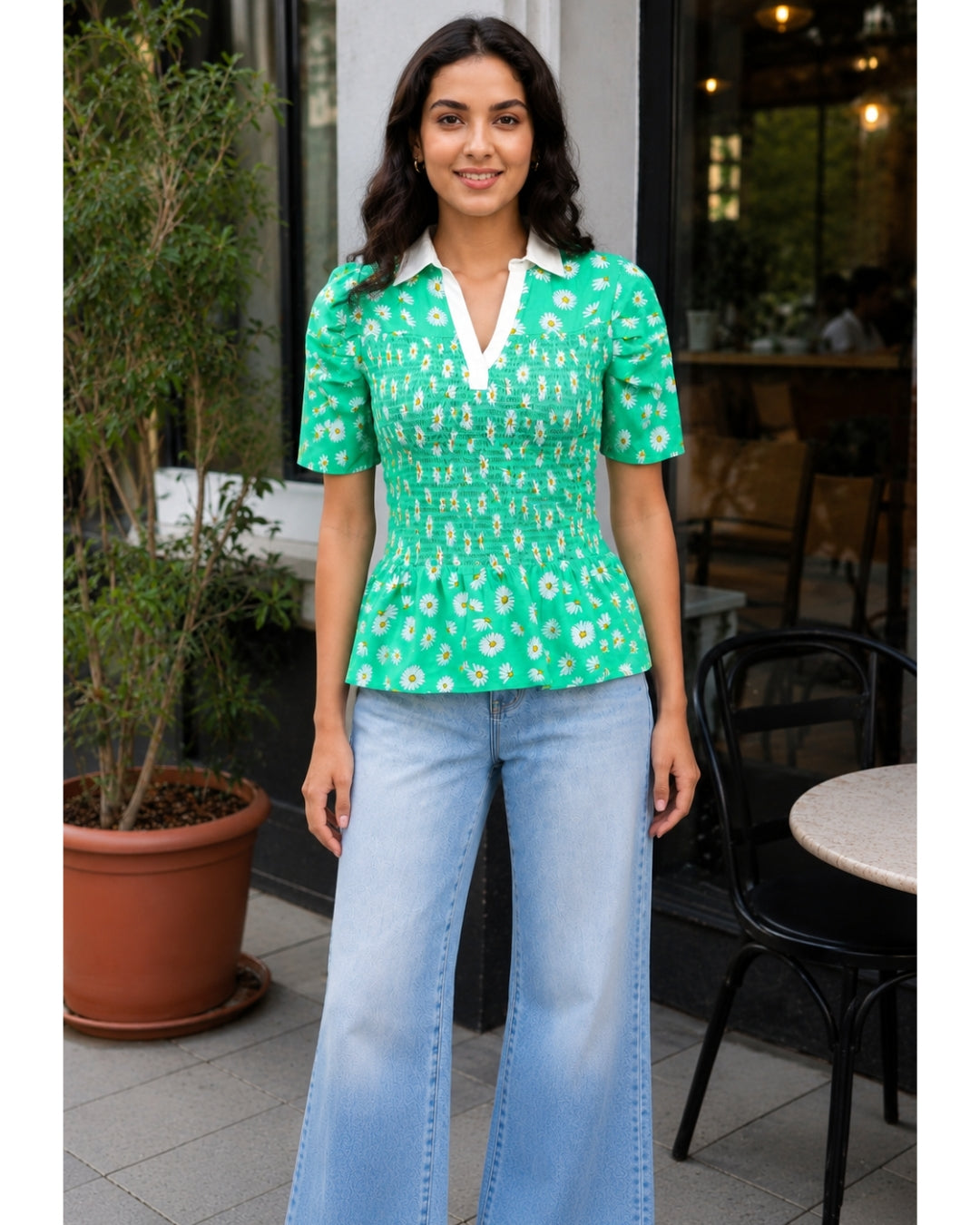 Daisy Days Smocked Peplum Top — Summer Green Viscose